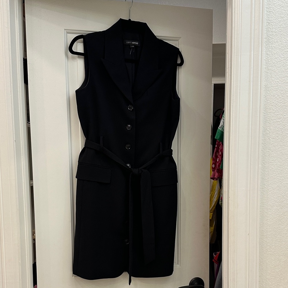 LOFT Black Sleeveless Button Front Belted Dress